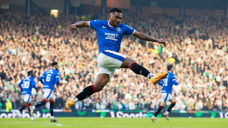 GLASGOW, SCOTLAND - FEBRUARY 26: Rangers' Alfredo Morelos celebrates pulling a goal back to make it 2-1 during the Viaplay Cup final between Rangers and Celtic at Hampden Park, on February 26, 2023, in Glasgow, Scotland.  (Photo by Alan Harvey / SNS Group)