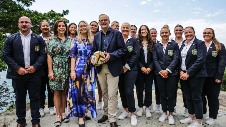 Australian Prime Minister Anthony Albanese, Mr Albanese's partner's Jodie Haydon, Minister for Sport Anika Wells, Wallaroos Head Coach Jay Tregonning and members of the Australian Wallaroos women's rugby union team pose for a photo during a Rugby Australia announcement and Wallaroos Morning tea Reception at Kirribilli House on February 11, 2023 in Sydney, Australia. (Photo by Roni Bintang/Getty Images)