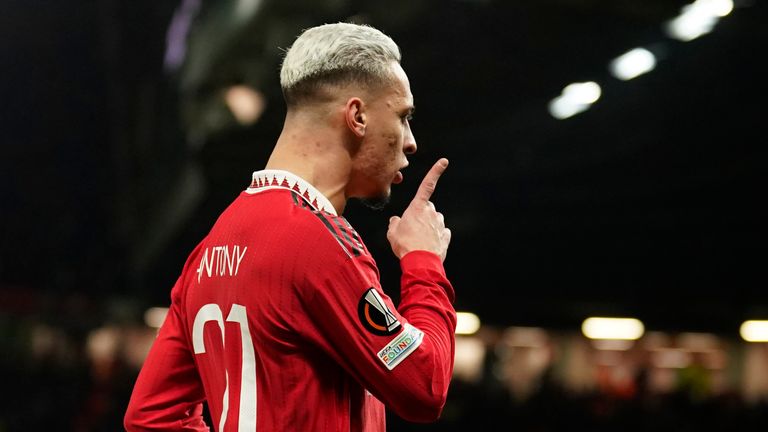 Manchester United&#39;s Antony celebrates after scoring