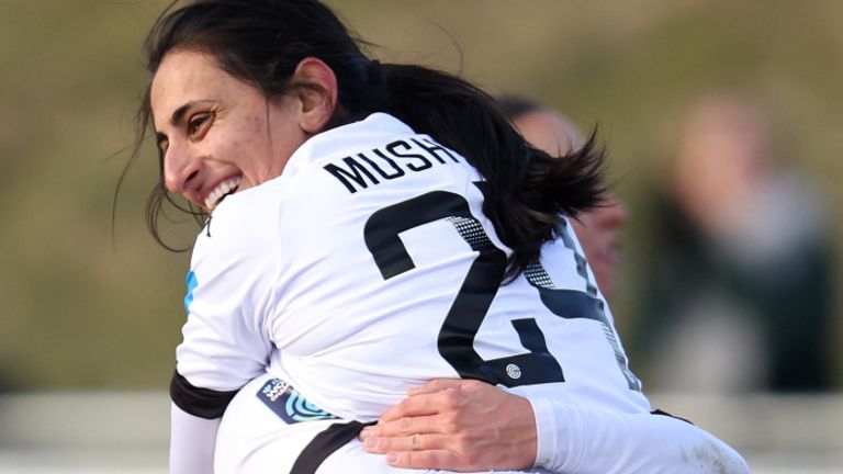 Aqsa Mushtaq of Lewes celebrates with teammates after scoring the team&#39;s fourth goal during the Vitality Women&#39;s FA Cup Fifth Round match between Lewes and Cardiff City at The Dripping Pan on February 26, 2023 in Lewes, England