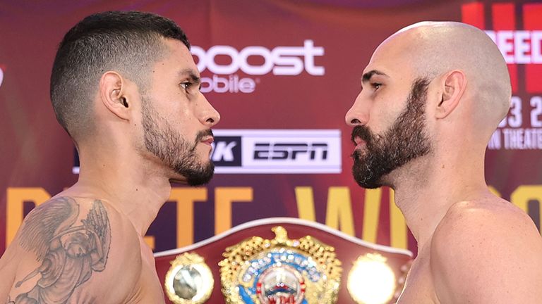 GLENDALE, ARIZONA - FEBRUARY 02: Arnold Barboza Jr (L) and Jose Pedraza (R) face-off during the weigh in prior to their February 03 junior welterweight fight at Desert Diamond Arena on February 02, 2023 in Glendale, Arizona. (Photo by Mikey Williams/Top Rank Inc via Getty Images)