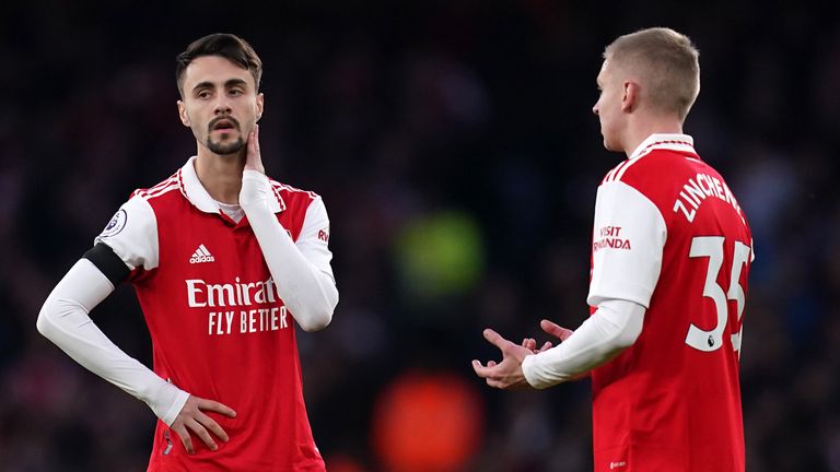 Fabio Vieira and Oleksandr Zinchenko react after Brentford equalise