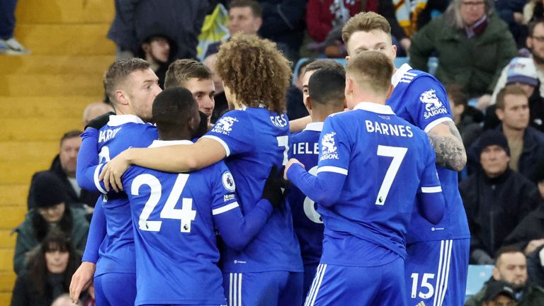 Leicester players celebrate Dennis Praet's goal at Villa Park