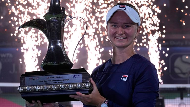 Czech Republic's Barbora Krejcikova celebrates victory over Poland's Iga Swiatek in the final of the Dubai Tennis Championship