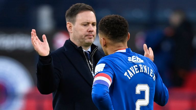 GLASGOW, SCOTLAND - FEBRUARY 26: Rangers&#39; Michael Beale and James Tavernier at full time during the Viaplay Cup final between Rangers and Celtic at Hampden Park, on February 26, 2023, in Glasgow, Scotland.  (Photo by Rob Casey / SNS Group)