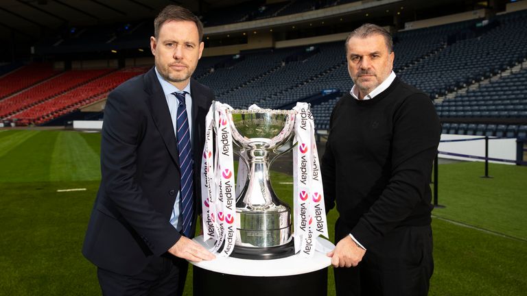 GLASGOW, SCOTLAND - FEBRUARY 21: Michael Beale and Ange Postecoglou are promoting Viaplay...s exclusively live coverage of the Viaplay Cup Final between Rangers and Celtic on Sunday from 2pm. Viaplay is available to stream from viaplay.com or via your TV provider on Sky, Virgin TV and Amazon Prime as an add-on subscription. (Photo by Alan Harvey / SNS Group)