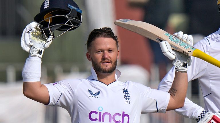 England's Ben Duckett, left, celebrates after scoring century during the first day of the first test cricket match between Pakistan and England, in Rawalpindi, Pakistan, Dec. 1, 2022. (AP Photo/Anjum Naveed)
