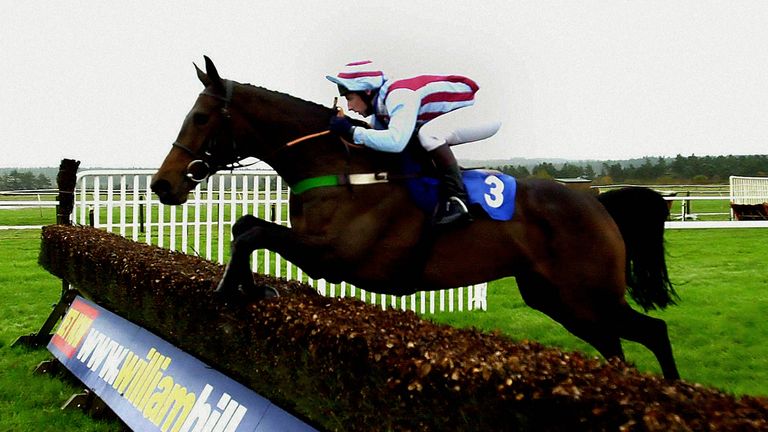 Best Mate with jockey Jim Culloty jumps the last fence on the way to winning the Williamhill.co.uk Haldon Gold Cup