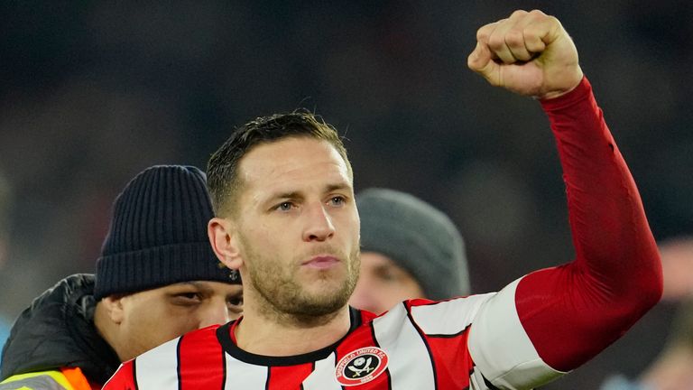 Sheffield's Billy Sharp celebrates after the FA Cup 4th round soccer match between Sheffield United and Wrexham at the Bramall Lane stadium in Sheffield, England, Tuesday, Feb. 7, 2023. (AP Photo/Jon Super)