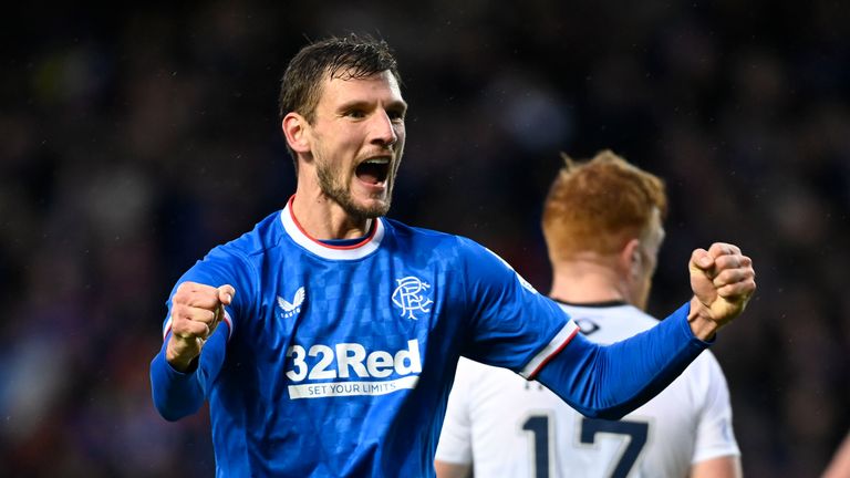 GLASGOW, SCOTLAND - FEBRUARY 04: Rangers Borna Barisic celebrates making it 2- during a cinch Premiership match between Rangers and Ross County at Ibrox Stadium, on February 04, 2023, in Glasgow, Scotland.  (Photo by Rob Casey / SNS Group)