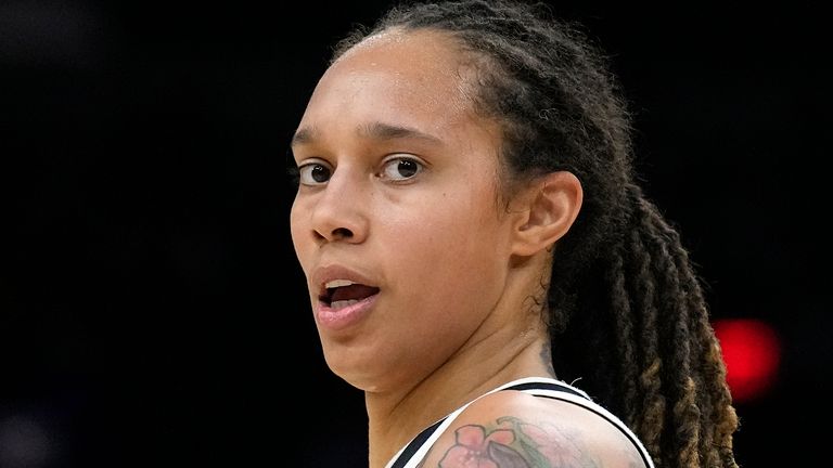 FILE - Phoenix Mercury center Brittney Griner is shown during the first half of Game 2 of basketball's WNBA Finals against the Chicago Sky, Oct. 13, 2021, in Phoenix. The return of Brittney Griner to the United States in a dramatic prisoner swap with Russia marked the culmination of a 10-month ordeal that captivated world attention, a saga that landed at the intersection of sports, politics, race and gender identity ... and wartime diplomacy. (AP Photo/Rick Scuteri, File)