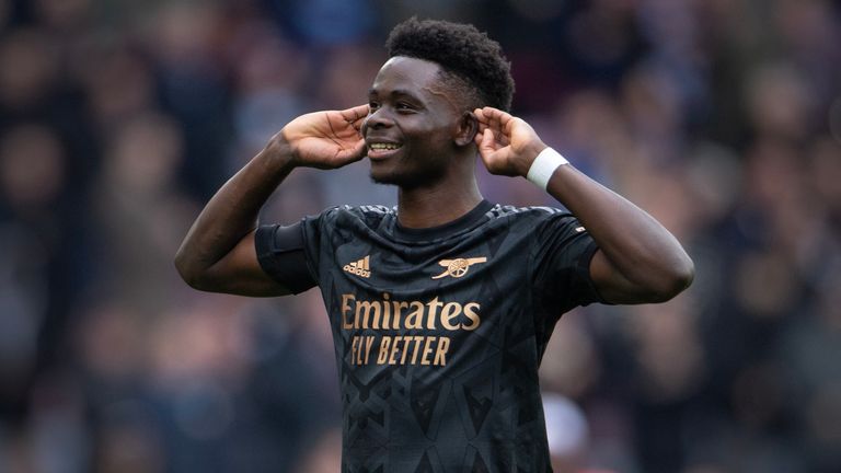 BIRMINGHAM, ENGLAND - FEBRUARY 18: Bukayo Saka of Arsenal celebrates after the Premier League match between Aston Villa and Arsenal FC at Villa Park on February 18, 2023 in Birmingham, United Kingdom. (Photo by Visionhaus/Getty Images) *** Local Caption *** Bukayo Saka 