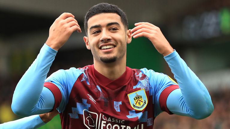 Anass Zaroury celebrates after giving Burnley the lead at Norwich