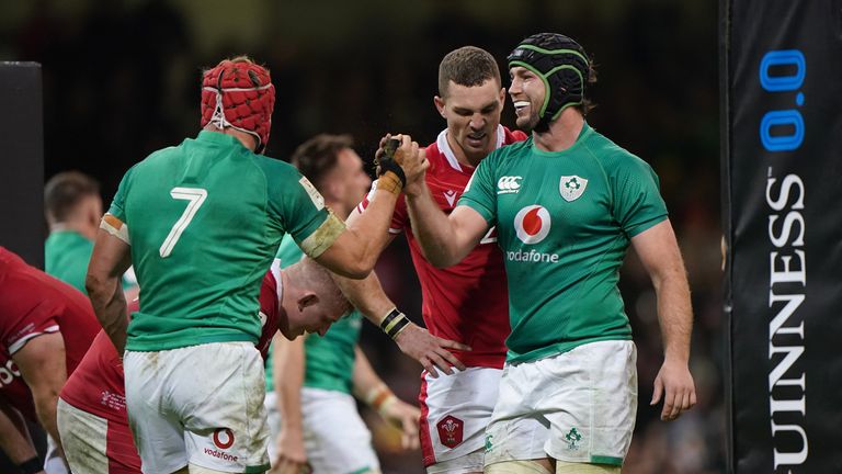 Josh van der Flier (No 7) and Caelan Doris were two of the try scorers for Ireland in victory in Cardiff 