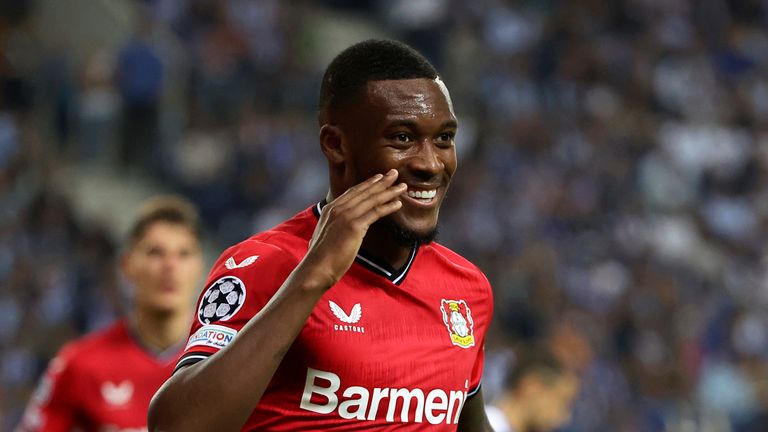 Leverkusen's Callum Hudson-Odoi reacts after scoring a goal that was disallowed during a Champions League group B soccer match between FC Porto and Bayer 04 Leverkusen at the Dragao stadium in Porto, Portugal, Tuesday, Oct. 4, 2022. (AP Photo/Luis Vieira)