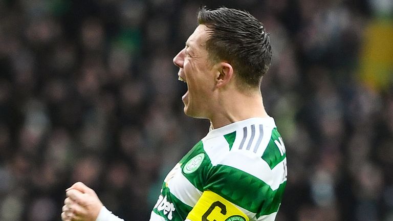 GLASGOW, SCOTLAND - FEBRUARY 18: Celtic's Callum McGregor celebrates as he makes it 1-0 during a cinch Premiership match between Celtic and Aberdeen  at Celtic Park, on February 18, 2023, in Glasgow, Scotland. (Photo by Ross MacDonald / SNS Group)