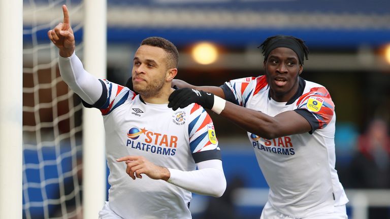 Luton's Carlton Morris celebrates his winner at Birmingham