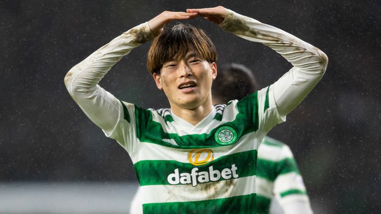 GLASGOW, SCOTLAND - FEBRUARY 01: Celtic&#39;s Kyogo Furuhashi celebrates as he makes it 3-0 during a cinch Premiership match between Celtic and Livingston at Celtic Park, on February 01, 2023, in Glasgow, Scotland. (Photo by Ross MacDonald / SNS Group)