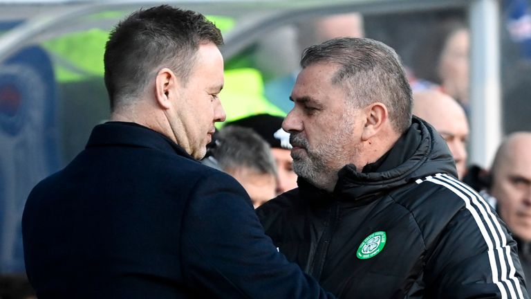 Celtic manager Ange Postecoglou (R) and Rangers manager Michael Beale