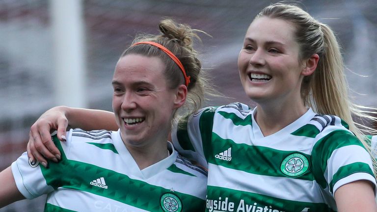 Claire O&#39;Riordan (left) celebrates scoring as Celtic beat Aberdeen