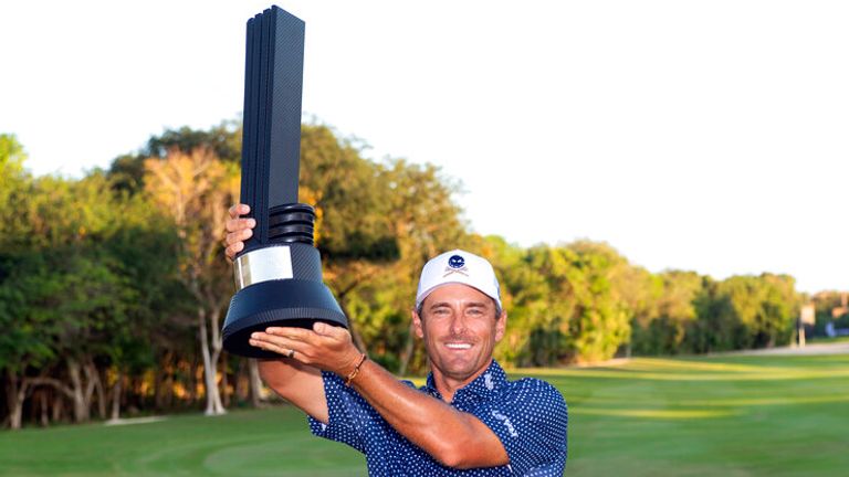 The individual champion, Charles Howell III of Crushers GC, poses with the trophy after winning the LIV Golf Mayakoba at El Camale..n Golf Course, Sunday, Feb. 26, 2023, in Playa del Carmen, Mexico. (Photo by Montana Pritchard/LIV Golf via AP)