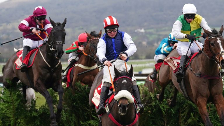 Back On The Lash ridden by Sean Bowen (centre) clears a fence before going on to win the Glenfarclas Cross Country Handicap Chase during Festival Trials Day at Cheltenham Racecourse. Picture date: Saturday January 28, 2023.

