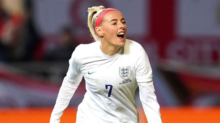 England&#39;s Chloe Kelly celebrates after scoring her second goal against Belgium