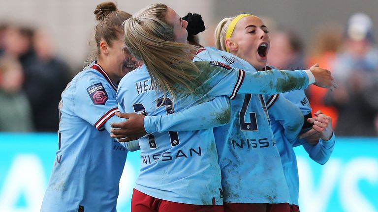 Chloe Kelly and her Man City team-mates celebrate going 2-0 up