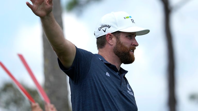 Chris Kirk gestures after hitting from the 18th tee during the second round of the Honda Classic golf tournament, Friday, Feb. 24, 2023, in Palm Beach Gardens, Fla. (AP Photo/Lynne Sladky)
