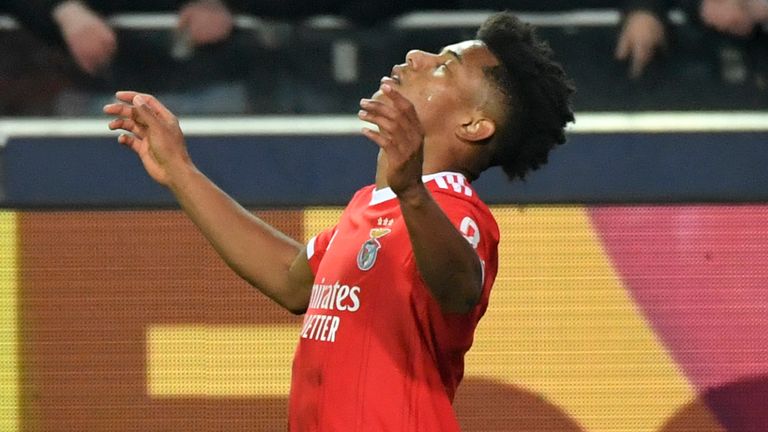 Benfica's David Neres celebrates giving his side a 2-0 first-leg advantage at Club Brugge