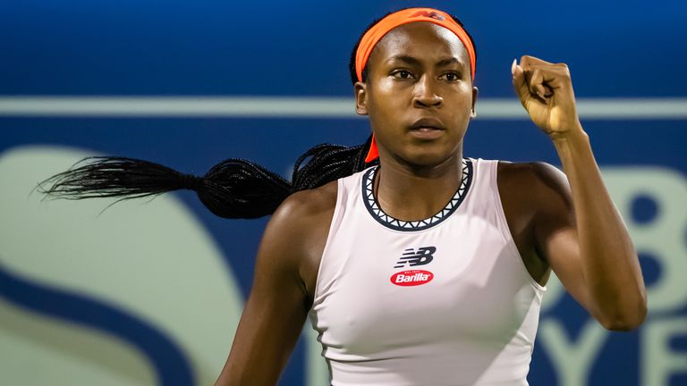 Coco Gauff of the United States gestures against Madison Keys of the United States during her quarter-final match on Day 5 of the Dubai Duty Free Tennis at Dubai Duty Free Tennis Stadium on February 23, 2023 in Dubai, United Arab Emirates (Photo by Robert Prange/Getty Images)
