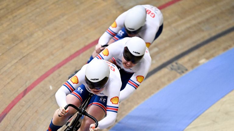 Second placed Team Britain with Lauren Bell, Sophie Capewell and Katy Marchant, during the Women's Team Sprint at the UEC track cycling elite European championships at the Velodrome Suisse in Grenchen, Switzerland, Wednesday, Feb. 8, 2023. (Gian Ehrenzeller/Keystone via AP)