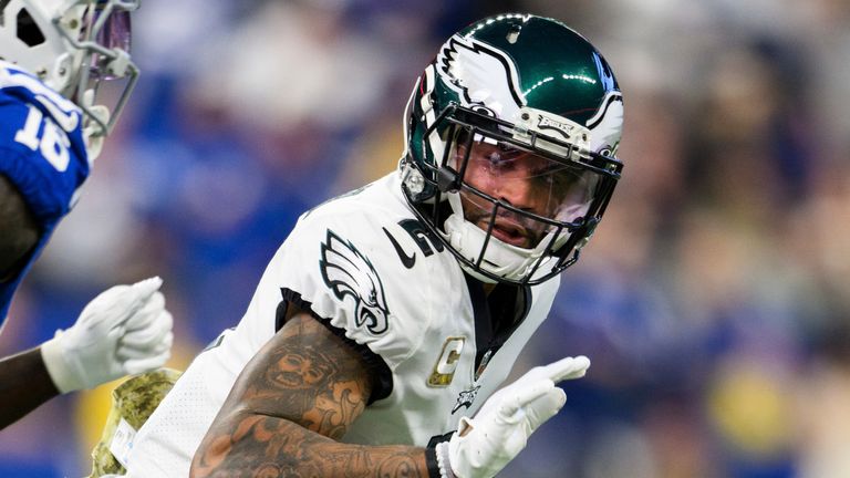 Philadelphia Eagles cornerback Darius Slay (2) drops back into coverage during an NFL football game against the Indianapolis Colts, Sunday, Nov. 20, 2022, in Indianapolis. (AP Photo/Zach Bolinger)