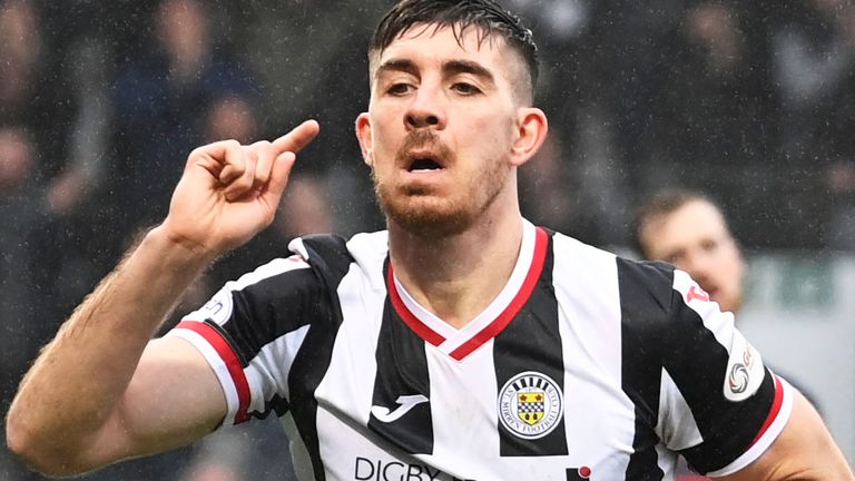 PAISLEY, SCOTLAND - FEBRUARY 18: St Mirren's Declan Gallagher celebrates scoring to make it 1-0 during a cinch Premiership match between St Mirren and Ross County at the SMISA Stadium, on February 18, 2023, in Paisley, Scotland. (Photo by Rob Casey / SNS Group)