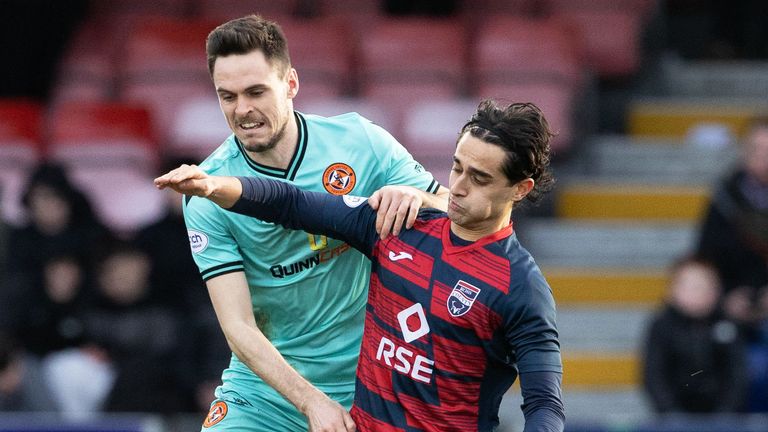 DINGWALL, SCOTLAND - FEBRRUARY 25: Liam Smith and Yan Dhanda in action during a cinch Premiership match between Ross County and Dundee United at the Global Energy Stadium, on February 25, 2023, in Dingwall, Scotland.   (Photo by Alan Harvey / SNS Group)