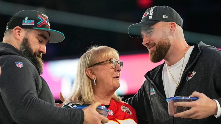 Donna Kelce went viral after rocking a split jersey supporting her 2 sons  on opposing teams at the Super Bowl. Now it's on display at the Pro  Football Hall of Fame.