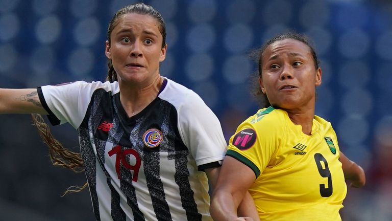 Costa Rica&#39;s Maria Paula Salas, left, and Jamaica&#39;s Drew Spence fight for the ball during a CONCACAF Women&#39;s Championship soccer match for third place, in Monterrey, Mexico, Monday, July 18, 2022. (AP Photo/Fernando Llano)
