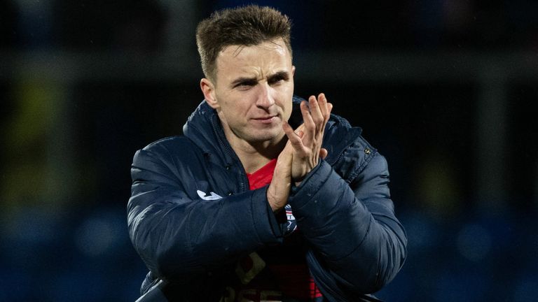 DINGWALL, SCOTLAND - JANUARY 31: Ross County's Eamonn Brophy applauds the fans at full time during a cinch Premiership match between Ross County and Hibernian at the Global Energy Stadium, on January 31, 2023, in Dingwall, Scotland. (Photo by Paul Devlin / SNS Group)