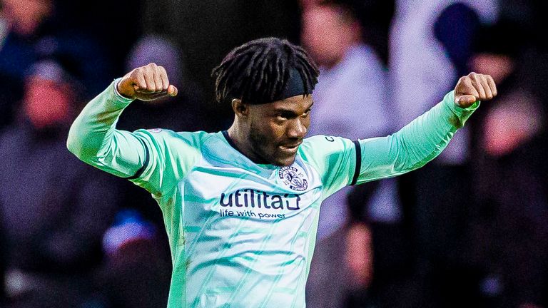PAISLEY, SCOTLAND - FEBRUARY 04 : match-winner Elie Youan celebrates at full-time during a cinch Premiership match between St Mirren and Hibernian at the SMISA Stadium, on February 04 , 2023, in Paisley, Scotland.  (Photo by Roddy Scott / SNS Group)