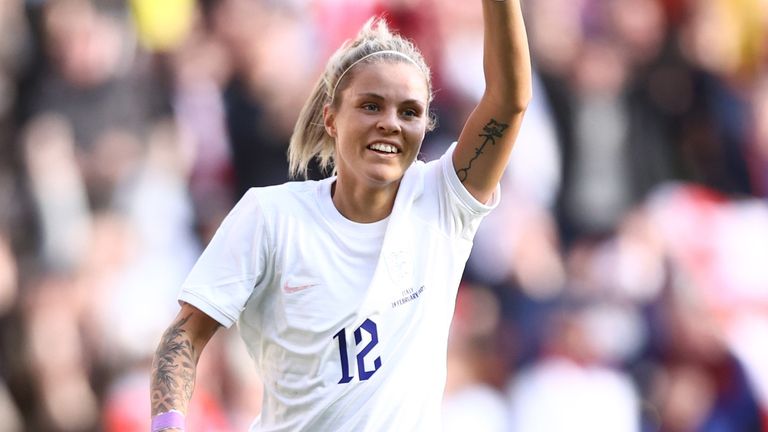 Rachel Daly celebrates after heading England ahead against Italy