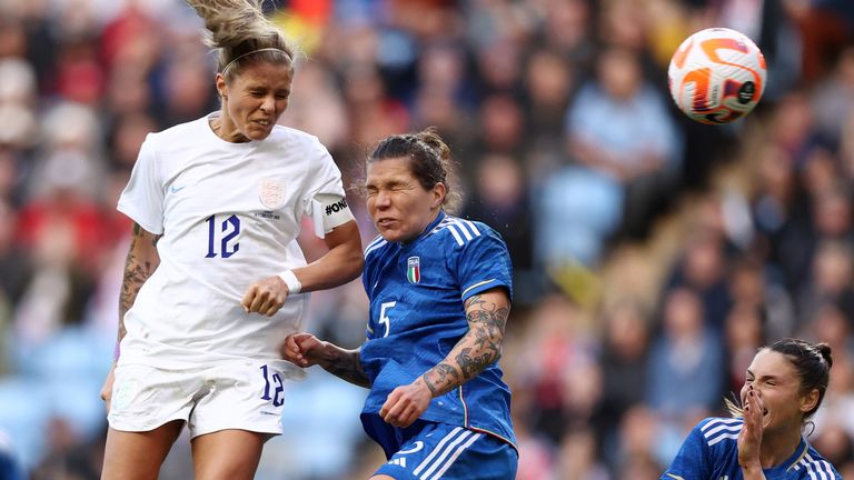 Rachel Daly heads in her second goal of the game to restore England&#39;s lead over Italy