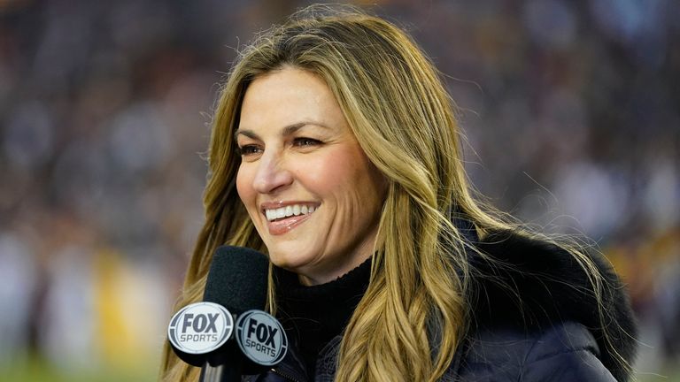 Fox Sports reporter Erin Andrews on the field during the first half an NFL football game between the Dallas Cowboys and Washington Commanders, Sunday, Jan. 8, 2023, in Landover, Md. (AP Photo/Alex Brandon)