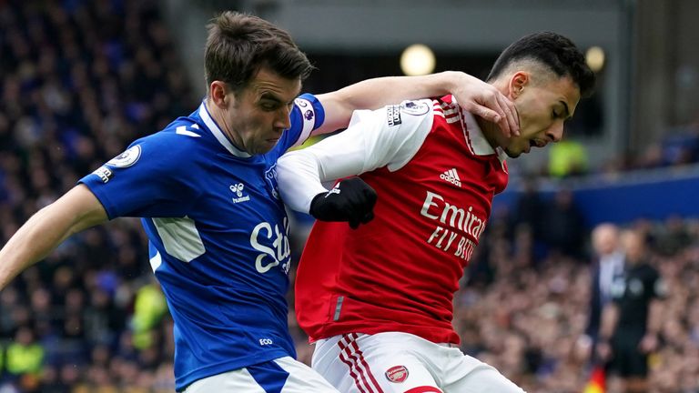 Seamus Coleman and Gabriel Martinelli battle it out for possession