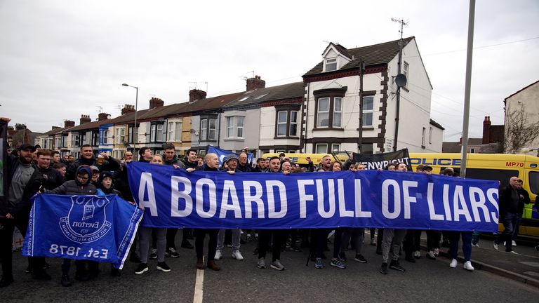 Everton fans protest against the clubs board ahead of the Premier League match against Arsenal at Goodison Park, Liverpool. Picture date: Saturday February 4, 2023.