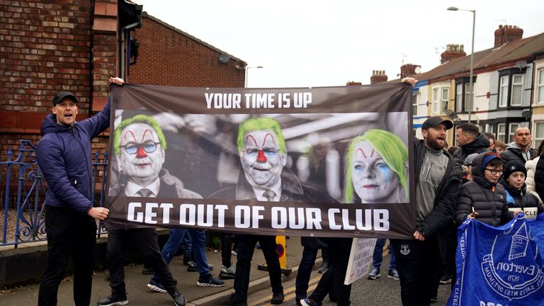 Everton fans protest against the clubs board ahead of the Premier League match against Arsenal at Goodison Park, Liverpool. Picture date: Saturday February 4, 2023.