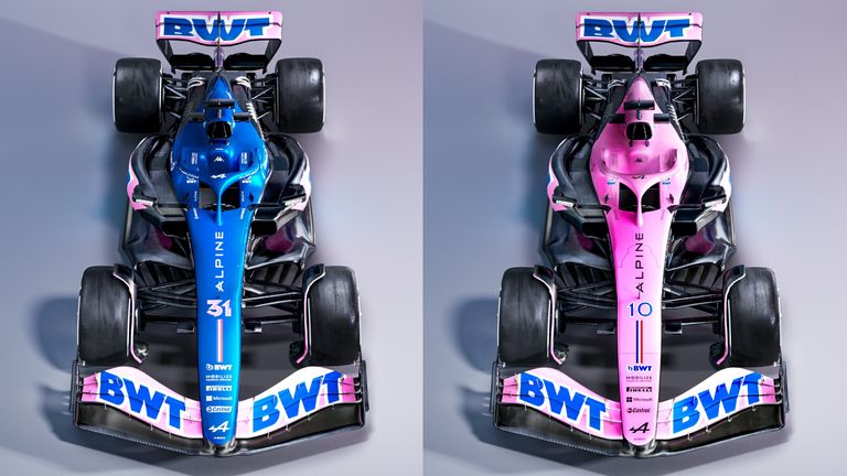  Alpine's blue livery for most of the season (left) and colour scheme for the first three races (right)