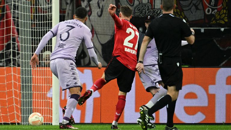 Bayer Leverkusen's Florian Wirtz scores against Monaco in the Europa League