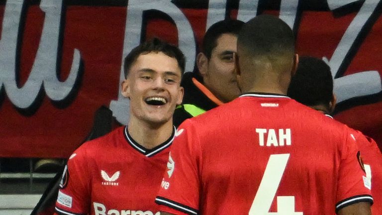 Bayer Leverkusen's Florian Wirtz celebrates scoring against Monaco in the Europa League