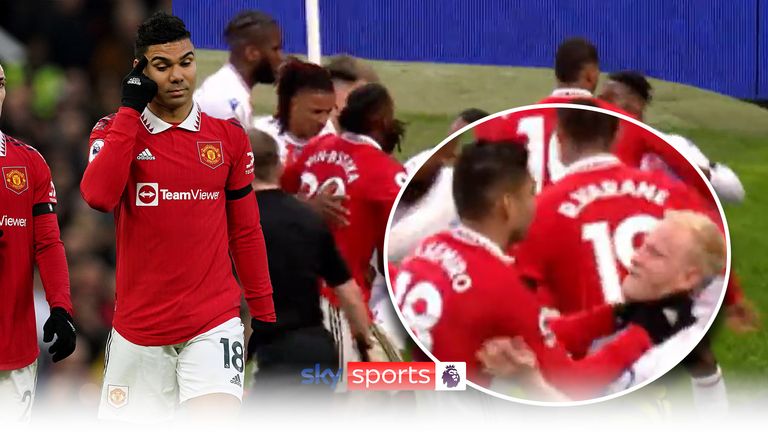 Manchester United midfielder Casemiro was sent off after a VAR review spotted him putting both of his hands around the neck of Crystal Palace&#39;s Will Hughes.
