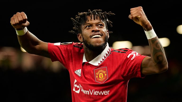 Fred del Manchester United celebra su gol